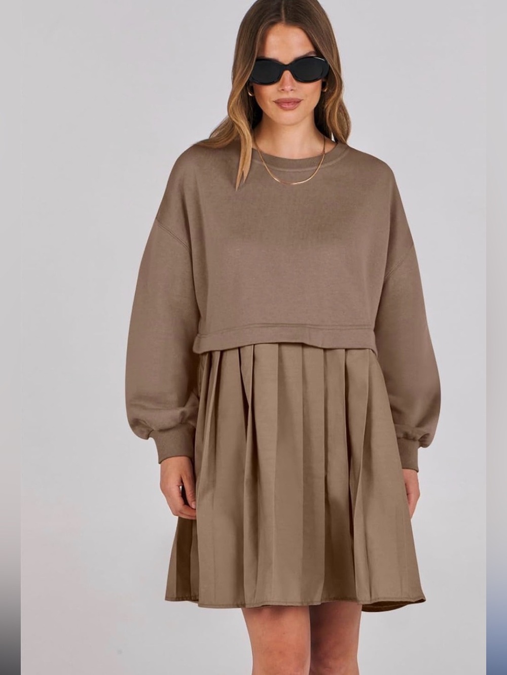 Olive Green Pleated Oversized Sweatshirt Dress - Picture 8 of 8